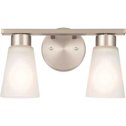 14" Brushed NICKEL 2 Light Vanity Light With Satin Etched Glass Shades