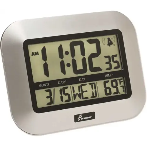 Lcd Digital Radio-Controlled Clock, 7.25 X 9.75, Sliver Case, 2 AAA