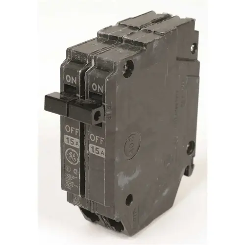 GE THQP215 Circuit Breaker, THQP, 15 A, 2 -Pole, 120/240 VAC, Non-Interchangeable Trip, Black