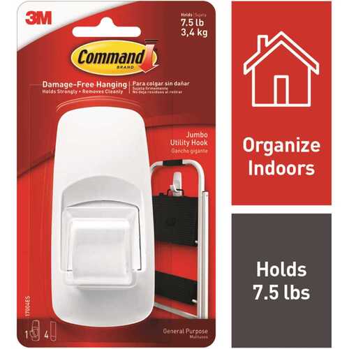 Command 17004ES 5 in. 7.5 lbs. White Jumbo Plastic Hook (-Packs, 1-Hook, ) - pack of 24