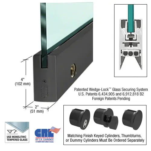 Matte Black 1/2" Glass 4" Square Door Rail With Lock - 41" Length