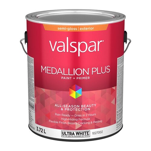 Medallion Plus 029.1027002.007 Exterior Paint and Primer, Acrylic, Semi-Gloss, Ultra White, 1 gal