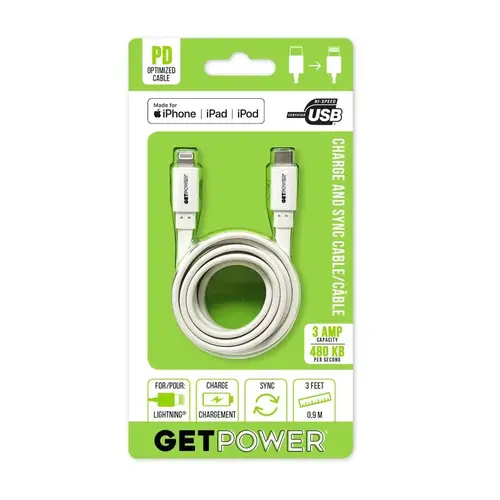 GetPower GP-USBC-ACL Lightning to USB-C White Hi-Speed For Apple 3 ft. L White