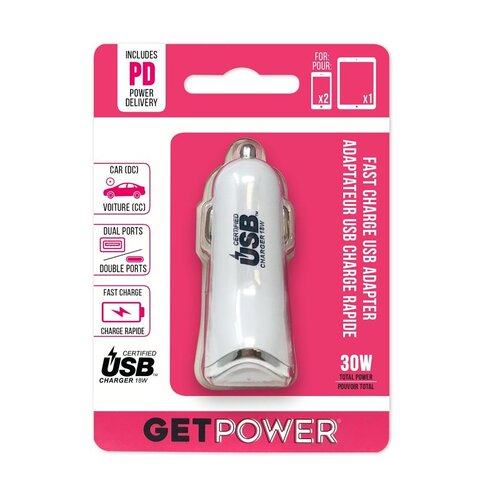 GetPower GP-DC2USB-PD Dual Port DC Car Adapter, 2.4 A Output, White Housing