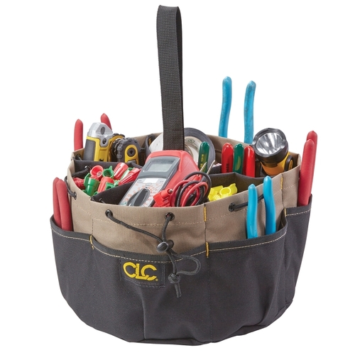 CLC 1148 Tool Works BUCKETBAG Series Bucket Tool Bag, 7 in H, 22-Pocket, Polyester, Black/Tan