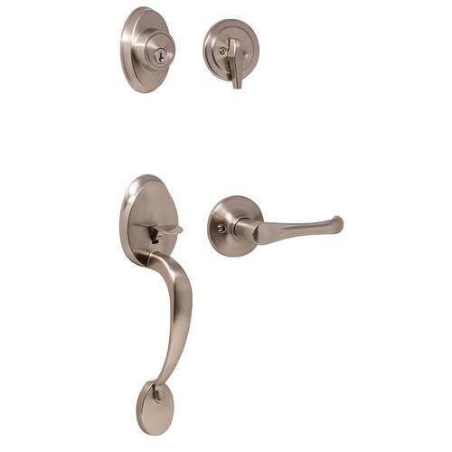  Hillcrest Single Cylinder Handle set with Somerset Trim with Adjustable Latch and Round Corner Strikes Satin Nickel Finish