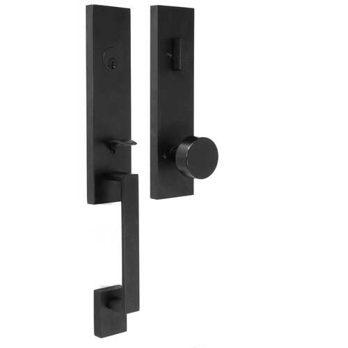  Leighton Single Cylinder Handle set with Mesa Knob Trim with Adjustable Latch and Round and Square Corner Strikes Matte Black Finish