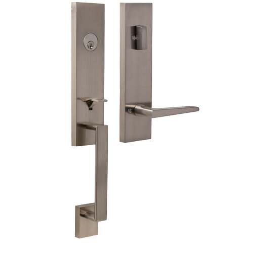  Leighton Single Cylinder Handle set with Philtower Lever Trim with Adjustable Latch and Round and Square Corner Strikes Satin Nickel Finish