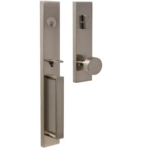  Xanthis Single Cylinder Handle set with Mesa Knob Trim with Adjustable Latch and Round and Square Corner Strikes Satin Nickel Finish