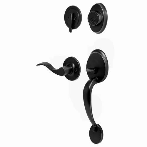  Hillcrest Single Cylinder Handle set with Left Hand New Haven Trim with Adjustable Latch and Round Corner Strikes Matte Black Finish