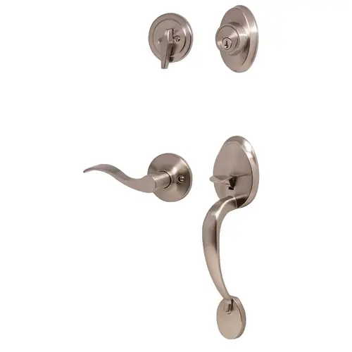  Hillcrest Single Cylinder Handle set with Right Hand New Haven Trim with Adjustable Latch and Round Corner Strikes Satin Nickel Finish