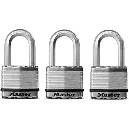 Padlock 1-7/16" H X 5/16" W X 2" L Laminated Steel Ball Bearing Locking 3 pk Ke Silver