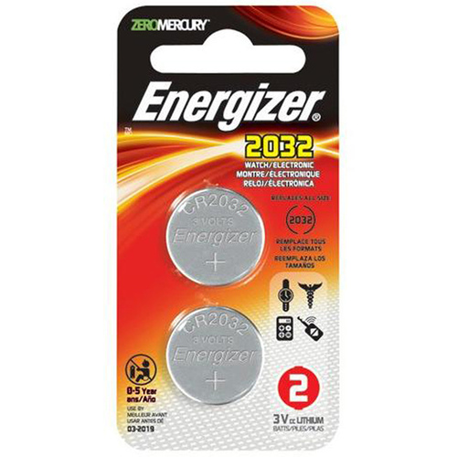 Energizer 2032BP-2 Coin Cell Battery, 3 V Battery, 235 mAh, CR2032 Battery, Lithium, Manganese Dioxide - pack of 2