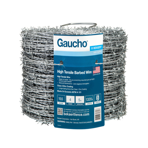 Barbed Wire, 1320 ft L, 15-1/2 Gauge, Round Barb, 5 in Points Spacing