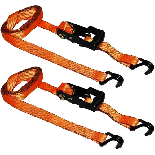 Tie-Down Strap, 1-1/4 in W, 15 ft L, Polyester, Orange, 700 lb Working Load, J-Hook End - pack of 2