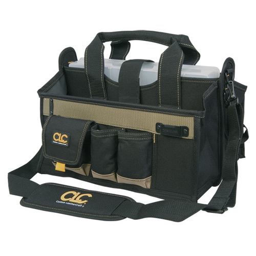 Tool Works Series Center Tray Tool Bag, 9 in W, 9 in D, 16 in H, 17-Pocket, Polyester Black/Tan