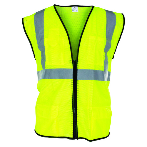 Safety Vest Zipper Enclosure Polyester Mesh Lime with 2" Silver Stripes X-Large