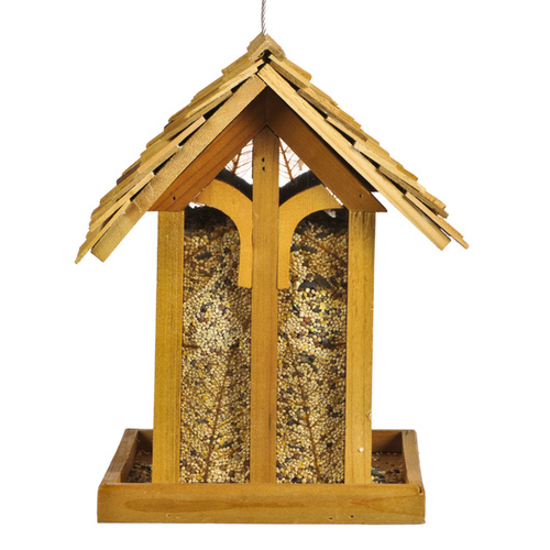 Wild Bird Feeder, Mountain Chapel, 3.5 lb, Fir Wood, 13.23 in H, Pole Mounting Natural