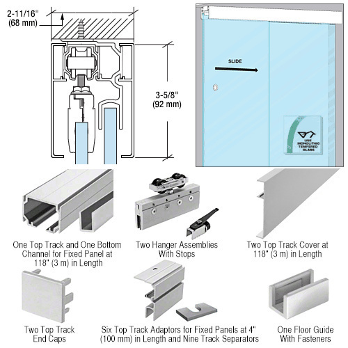 50 Satin Anodized Series Single Sliding Door with One Fixed Sidelite Panel Structural Ceiling Mount Kit