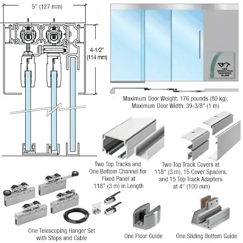 50 Series Two Panel Telescoping Behind Fixed Panel Ceiling Mount Kit - Left Stacking Direction Satin Anodized