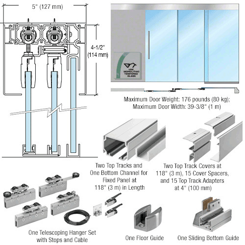 50 Series Two Panel Telescoping Behind Fixed Panel Ceiling Mount Kit - Right Stacking Direction Satin Anodized