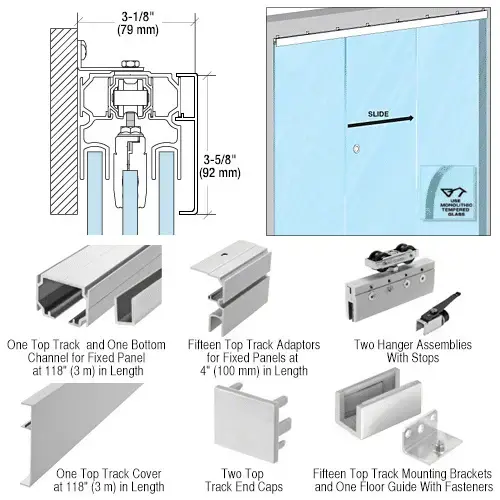 50 Series Single Sliding Door with Two Fixed Panels Wall Mount Kit Satin Anodized