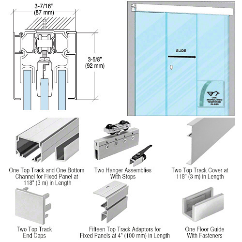 50 Satin Anodized Series Single Sliding Door with Two Fixed Sidelite Panels Structural Ceiling Mount Kit