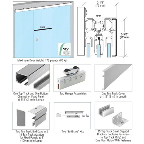 51 Series Wall Mount Single Slider with Two Fixed Panels Kit Satin Anodized