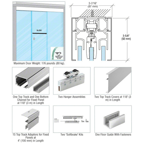 51 Series Ceiling Mount Single Slider with Two Fixed Panels Kit Satin Anodized