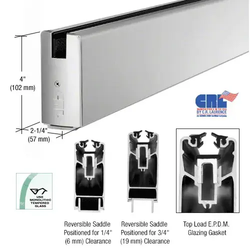 Satin Anodized 4" Custom Length Square Sidelite Rail for 3/4" Glass
