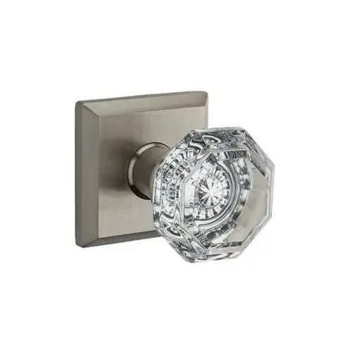 Passage Crystal Knob with Traditional Square Rose with 6AL Latch and Dual Strike Satin Nickel Finish