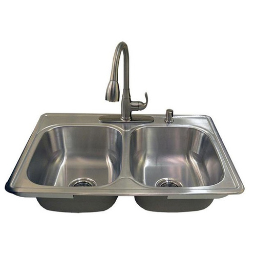 Compass Manufacturing Int'l 712-6026 Kitchen Sink Grab-N-Go Kit Double-Bowl Stainless Steel Single-Handle High Arc Pull-Out Faucet Nickel