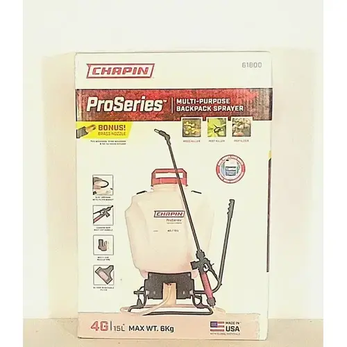 Pro Series Backpack Sprayer, 4 gal Tank, Poly Tank, 25 ft Horizontal, 23 ft Vertical Spray Range White