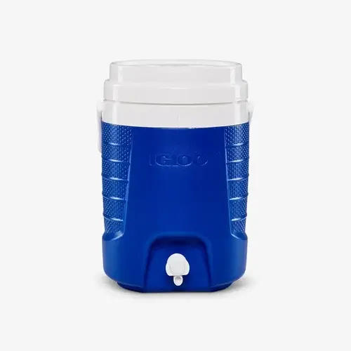 Water Jug, 2 gal Cooler, Pushbutton Spigot, Majestic Blue/White