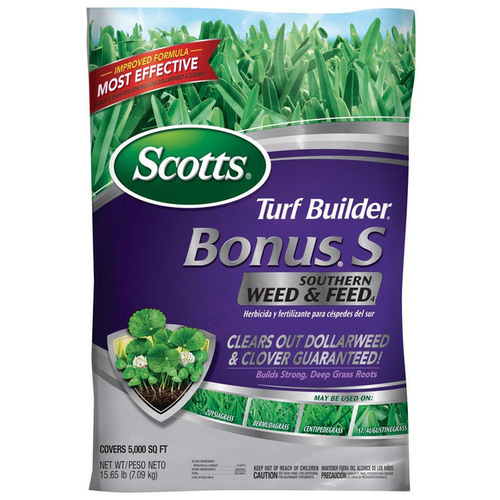 Turf Builder Bonus S Southern Weed and Feed Fertilizer, 17.34 lb Bag, Solid, 29-0-10 N-P-K Ratio Blue/Pink