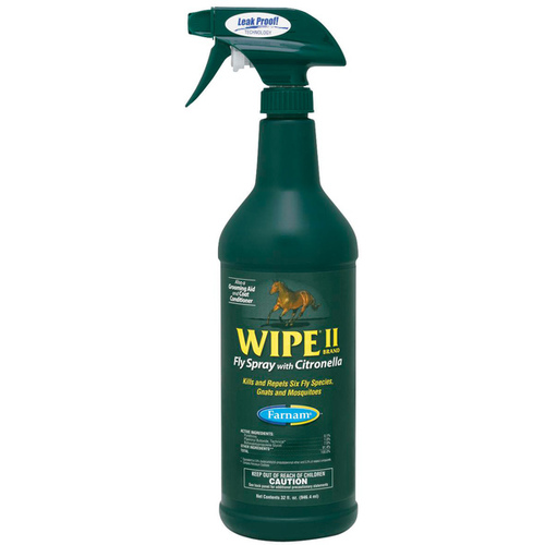 Farnam 10140 Wipe II Fly Spray, Liquid, Pale Yellow, Citronella, 32 oz Bottle