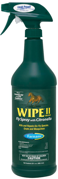 Farnam 10140 Wipe II Fly Spray, Liquid, Pale Yellow, Citronella, 32 oz Bottle