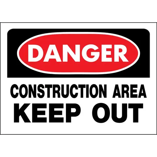 Danger Sign, Rectangular, CONSTRUCTION AREA KEEP OUT, Black Legend, White Background, Polyethylene