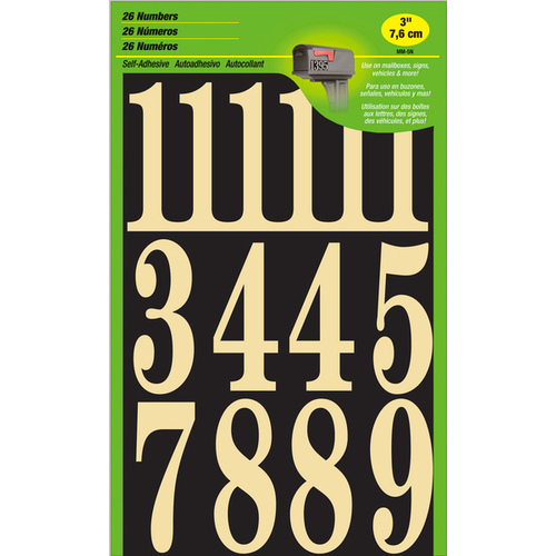 Packaged Number Set, 3 in H Character, Gold Character, Black Background, Vinyl