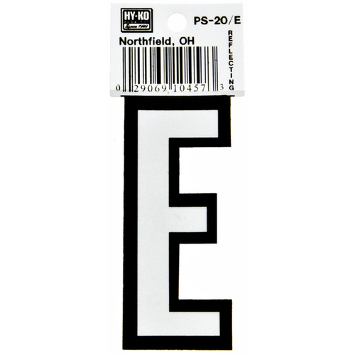 Reflective Letter, Character: E, 3-1/4 in H Character, Black/White Character, Vinyl