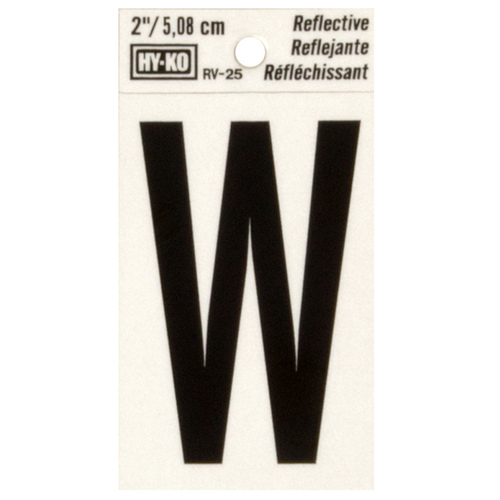 Reflective Letter, Character: W, 2 in H Character, Black Character, Silver Background, Vinyl - pack of 10