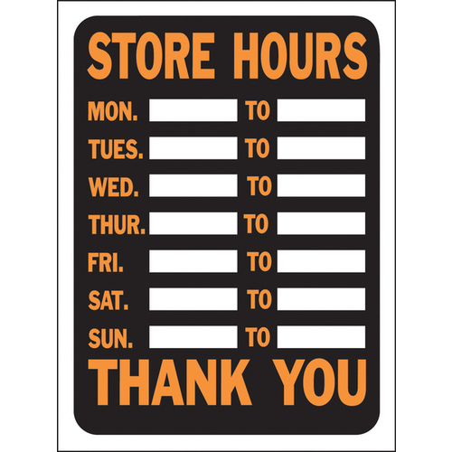 Hy-Glo Series Identification Sign, Rectangular, STORE HOURS, Fluorescent Orange Legend, Black Background - pack of 10