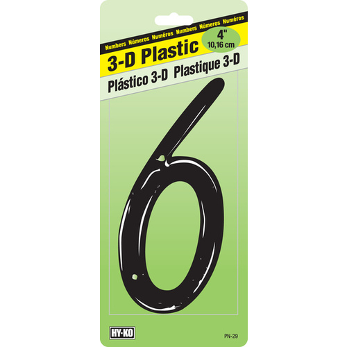 Hy-Ko PN-29/6 House Number, Character: 6, 4 in H Character, Black Character, Plastic