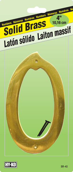 Hy-Ko BR-40/0 House Number, Character: 0, 4 in H Character, 2-1/2 in W Character, Brass Character, Solid Brass