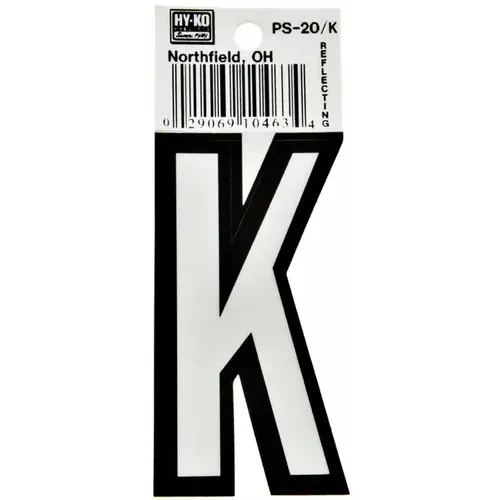 Reflective Letter, Character: K, 3-1/4 in H Character, Black/White Character, Vinyl - pack of 10