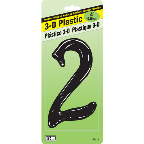 Hy-Ko PN-29/2 House Number, Character: 2, 4 in H Character, Black Character, Plastic