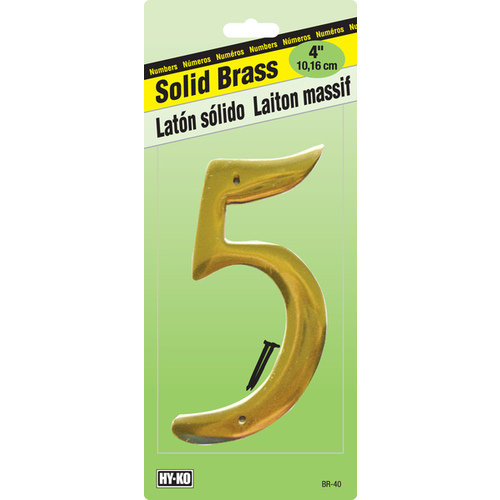 House Number, Character: 5, 4 in H Character, 2-1/2 in W Character, Brass Character, Solid Brass