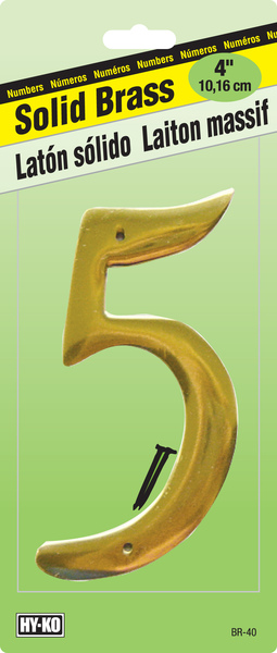 Hy-Ko BR-40/5 House Number, Character: 5, 4 in H Character, 2-1/2 in W Character, Brass Character, Solid Brass