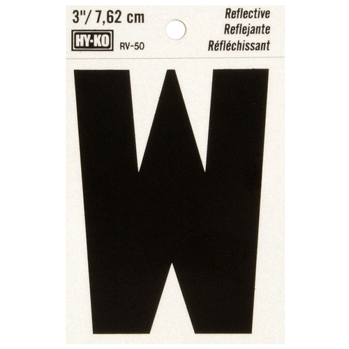 Reflective Letter, Character: W, 3 in H Character, Black Character, Silver Background, Vinyl - pack of 10