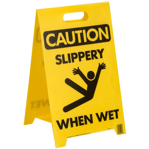 Hy-Ko PFS-11 Caution Wet Floor Sign, 12-1/4 in W, Yellow Background, CAUTION SLIPPERY WHEN WET, English and Spanish